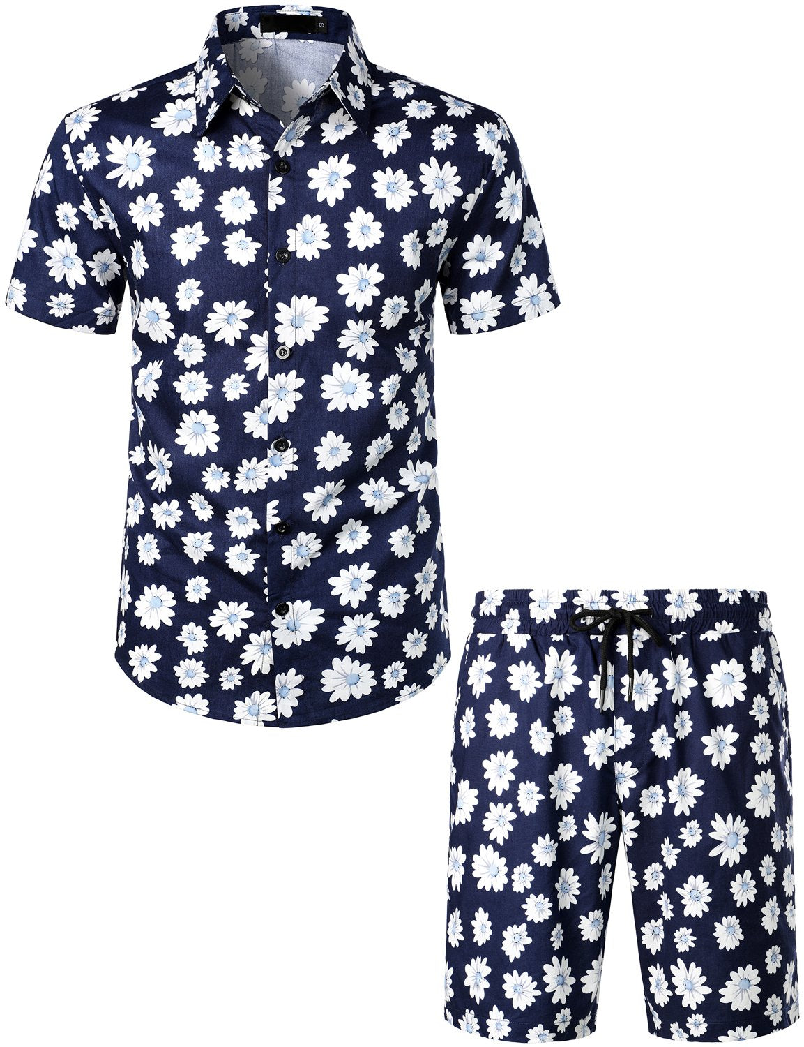 Men's Flower Casual Cotton Button Down Hawaiian Shirts&Shorts