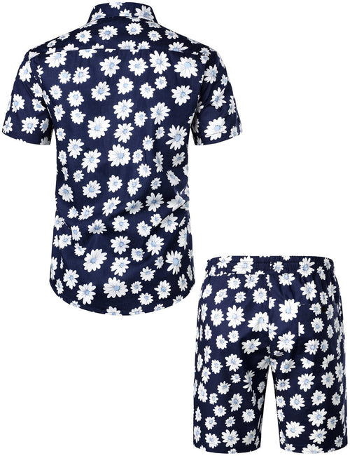 Men's Flower Casual Cotton Button Down Hawaiian Shirts&Shorts