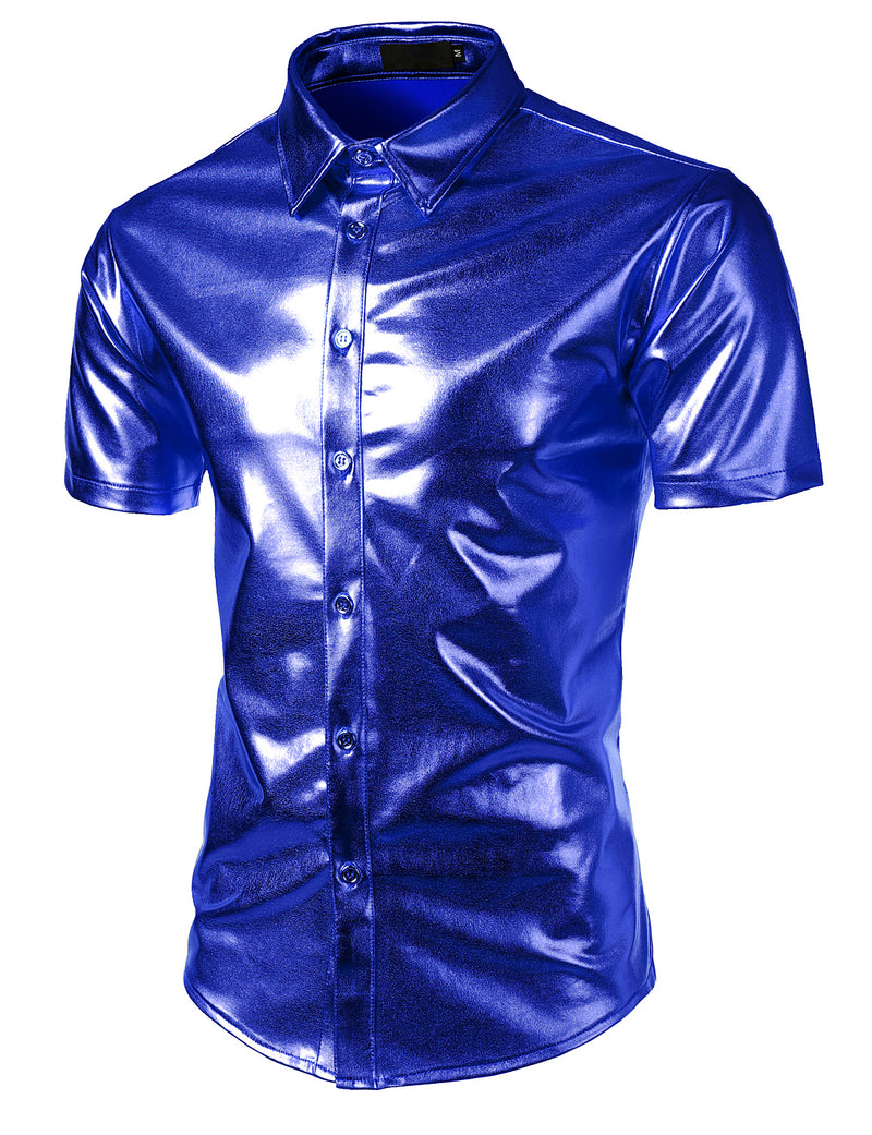 Mens Metallic Shiny Nightclub Styles Short Sleeves Button Down Dress Shirts