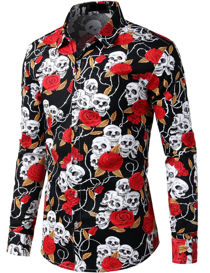Men's Floral Long Sleeve Cotton Casual Button Down Shirt