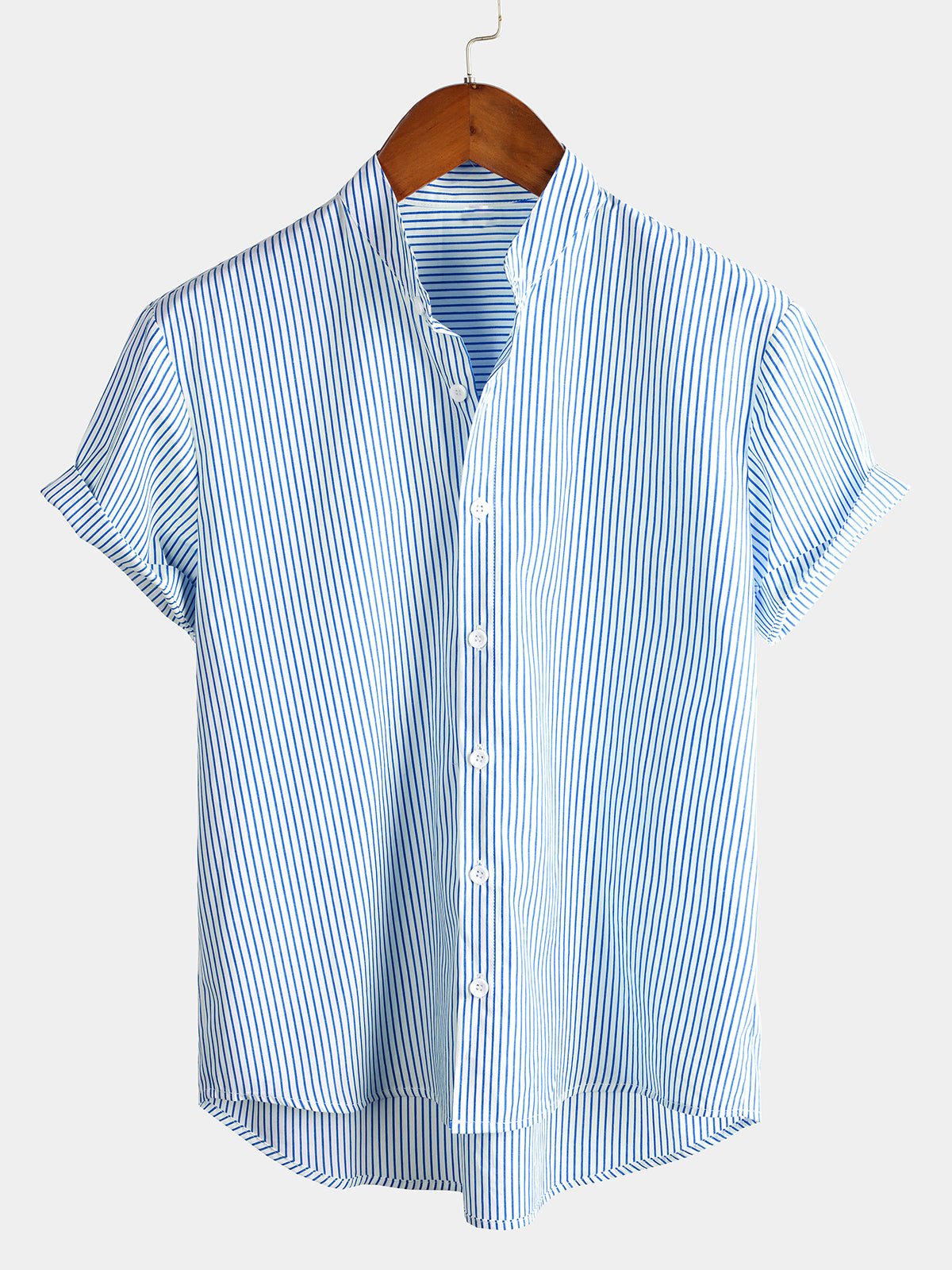 早割シーズン券 Men's Breathable Striped Sleeve Short Collar Stand Cotton Clothing