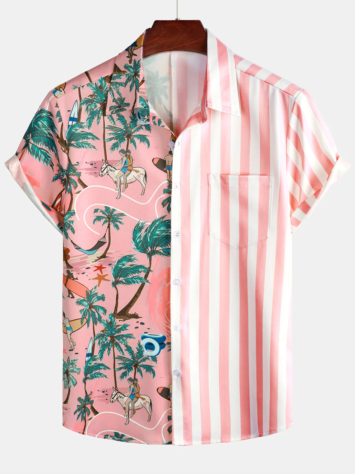 Men's Pink White Striped Palm Tree Print Aloha Short Sleeve Hawaiian Shirt