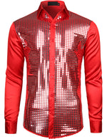 Mens Dress Shirt Silver Sequins Long Sleeve Button Down Disco Shirt Party Costume