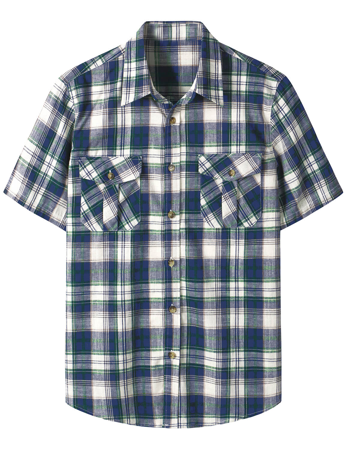 Men's Blue Linen Plaid Pocket Summer Cowboy Check Short Sleeve Button Up Western Shirt