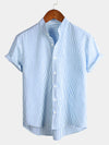Men's Breathable Cotton Stand Collar Short Sleeve Striped Classic Shirts