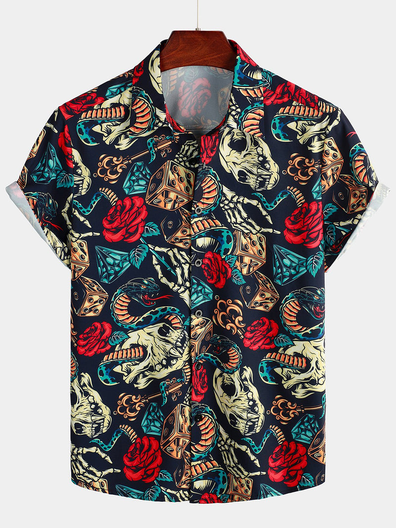 Men's Skull Print Short Sleeve Hawaiian Shirt