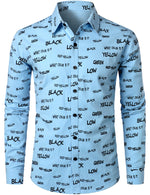 Men's Cotton Alphabet Letter Print Yellow Button Long Sleeve Shirt