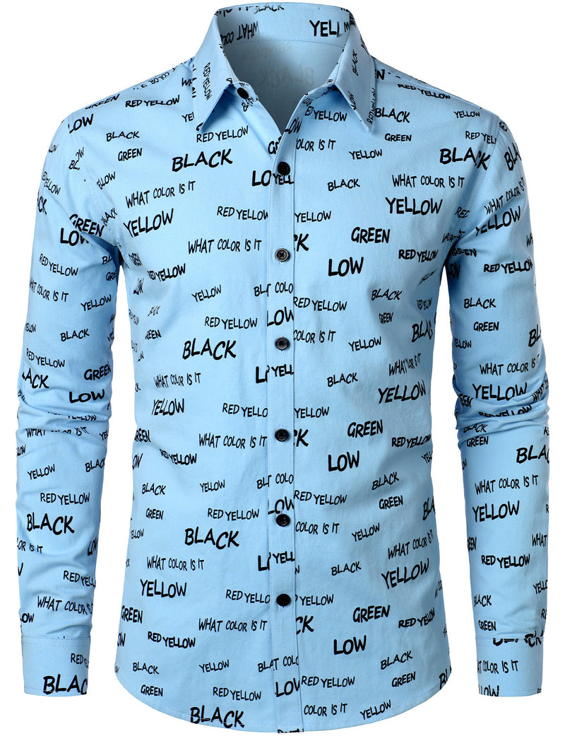 Men's Cotton Alphabet Letter Print Yellow Button Long Sleeve Shirt