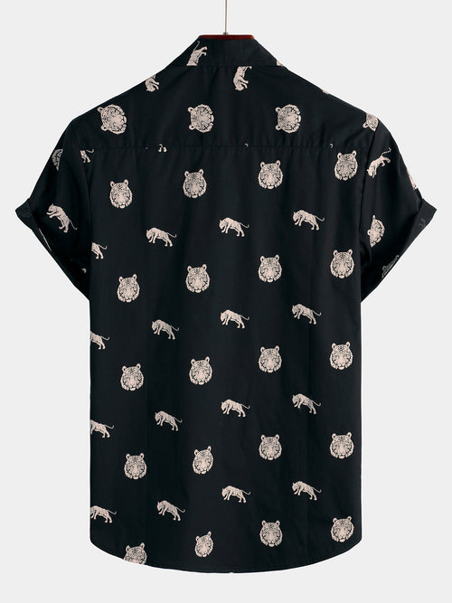 Men's Tiger Animal Print Button Up Casual Black Short Sleeve Lapel Shirt