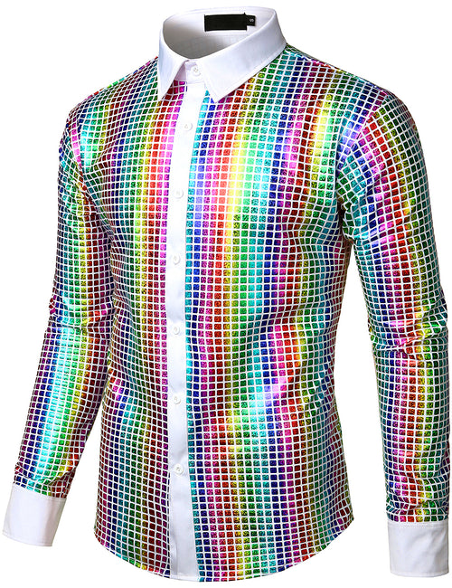 Men's Dress Shirt Sequins Button Down Long Sleeve Shirts Disco Party Costume