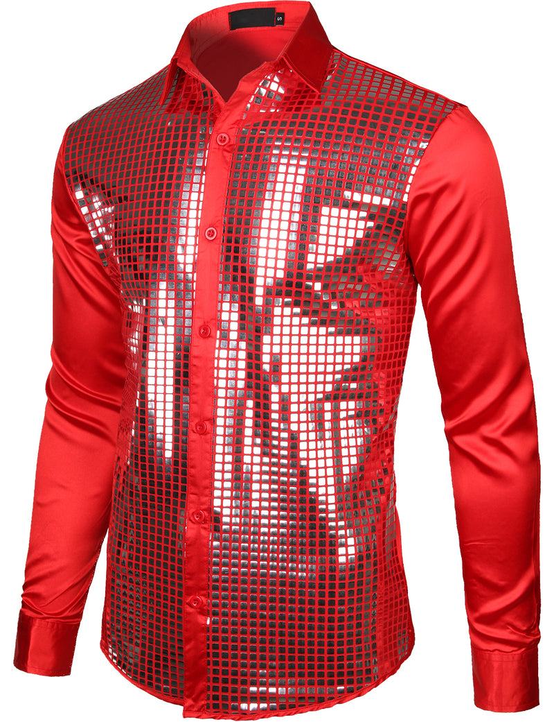 Mens Dress Shirt Silver Sequins Long Sleeve Button Down Disco Shirt Party Costume