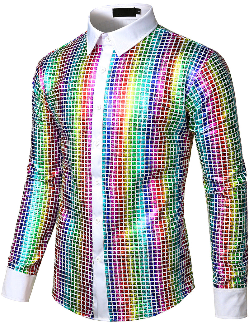 Men's Dress Shirt Sequins Button Down Long Sleeve Shirts Disco Party Costume