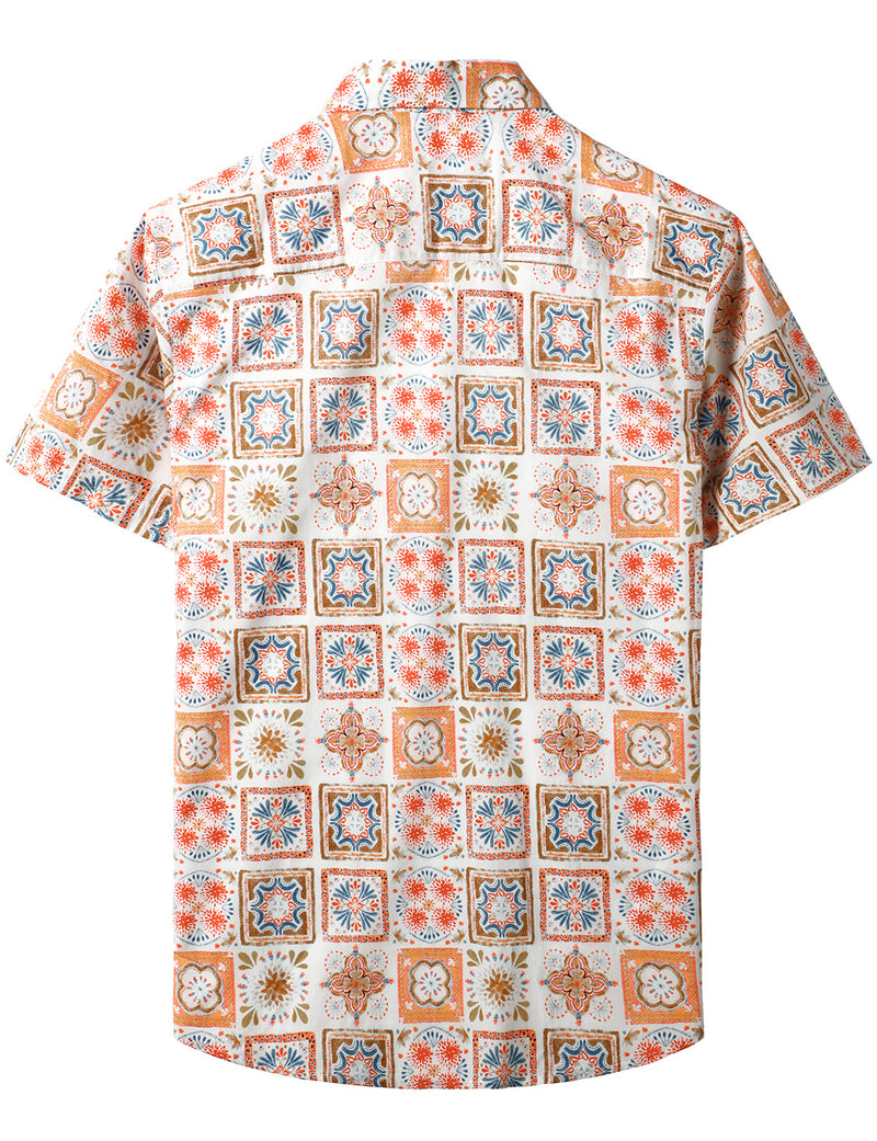 Men's Vintage Patchwork Floral Beige Breathable Boho Cotton Bohemian Short Sleeve Shirt