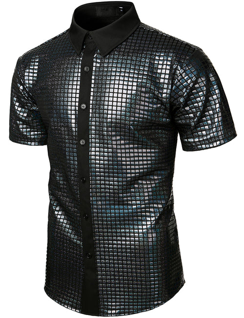 Men's Dress Shirt Sequins Short Sleeves Button Down Shirts Disco Party Costume
