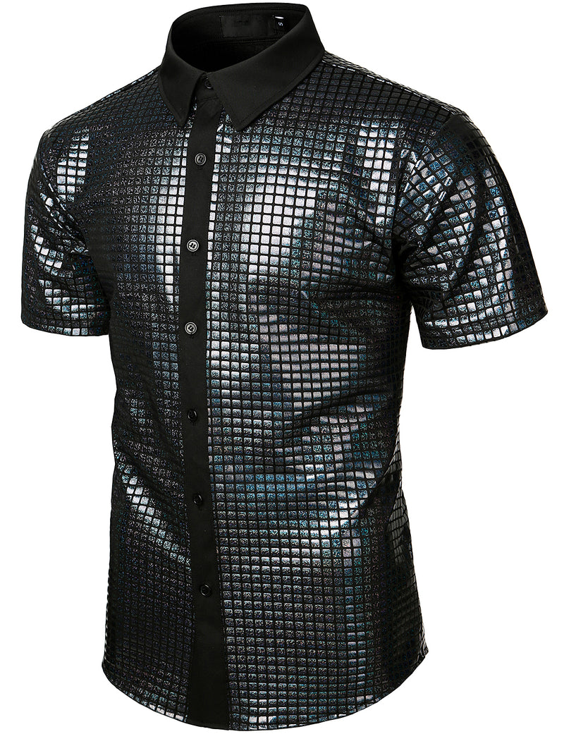 Men's Dress Shirt Sequins Short Sleeves Button Down Shirts Disco Party Costume