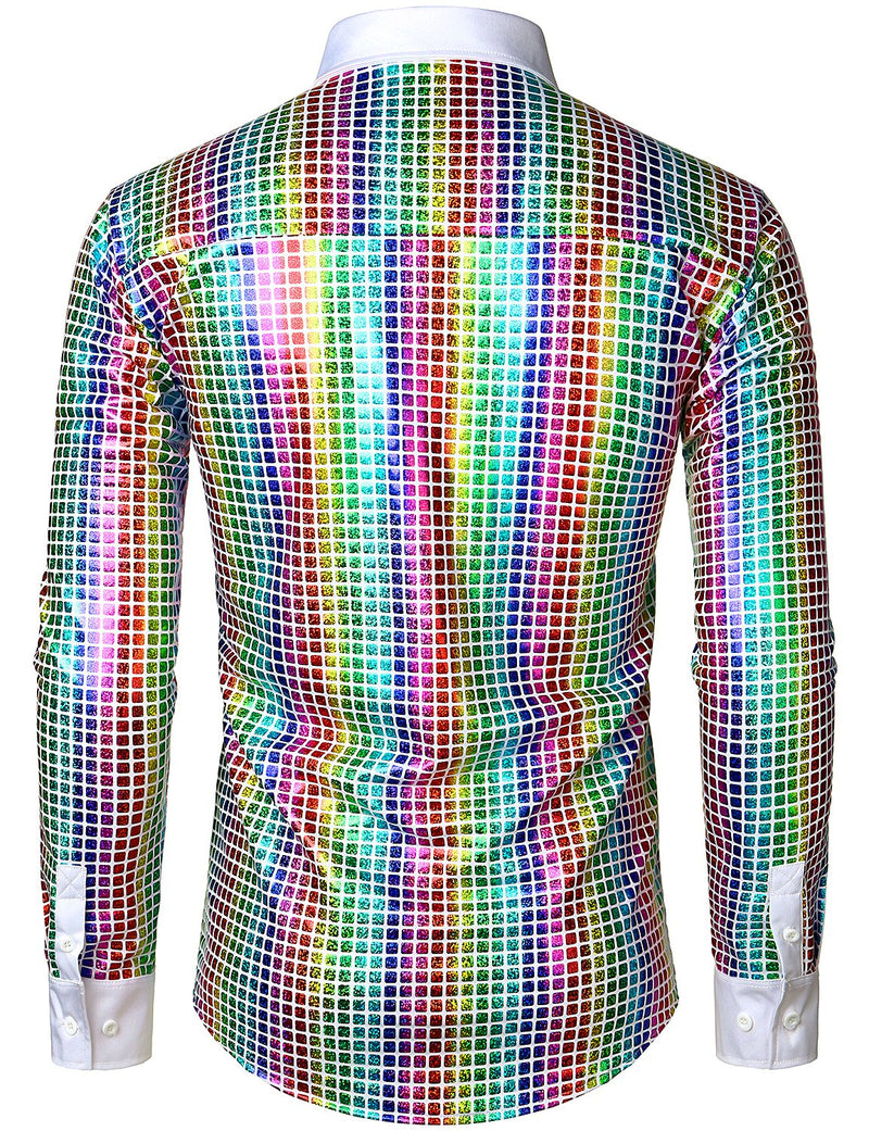 Men's Dress Shirt Sequins Button Down Long Sleeve Shirts Disco Party Costume