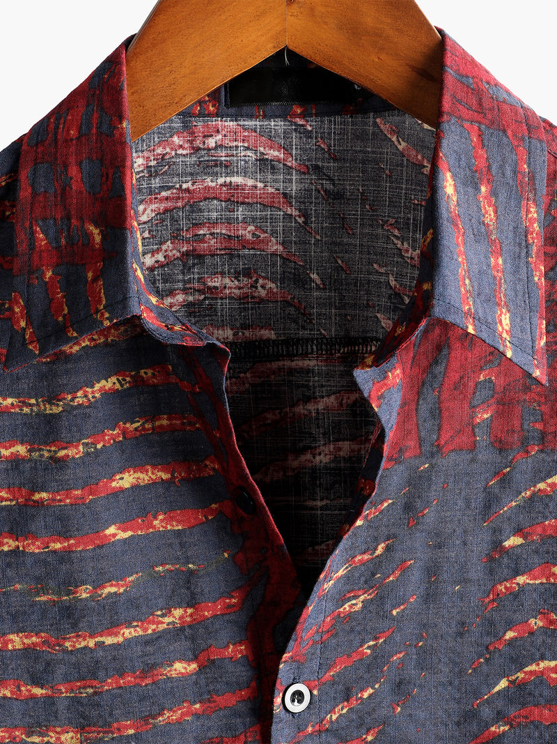Men's Short Sleeve Striped Printed Retro Cotton Shirt