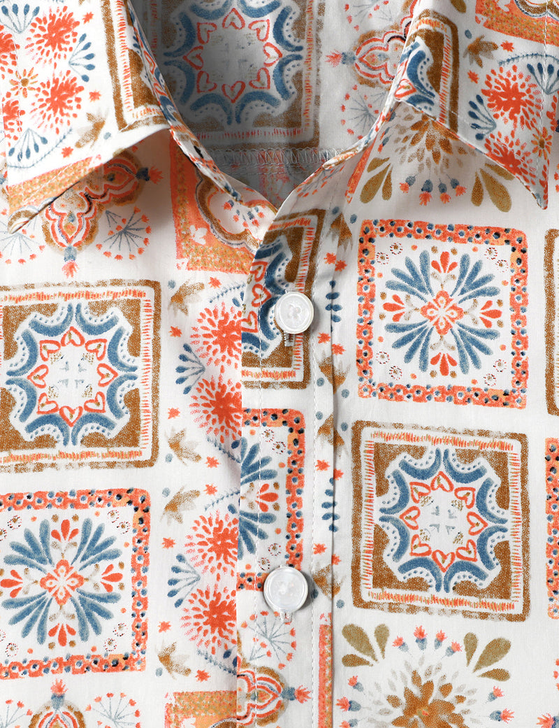 Men's Vintage Patchwork Floral Beige Breathable Boho Cotton Bohemian Short Sleeve Shirt