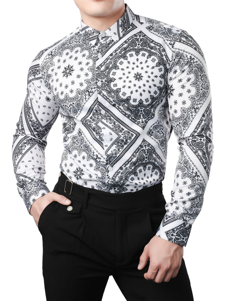 Men's Casual Paisley Print Floral Vintage Long Sleeve Dress Shirt