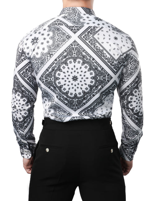 Men's Casual Paisley Print Floral Vintage Long Sleeve Dress Shirt