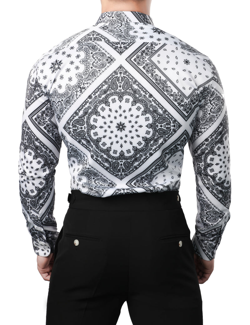 Men's Casual Paisley Print Floral Vintage Long Sleeve Dress Shirt
