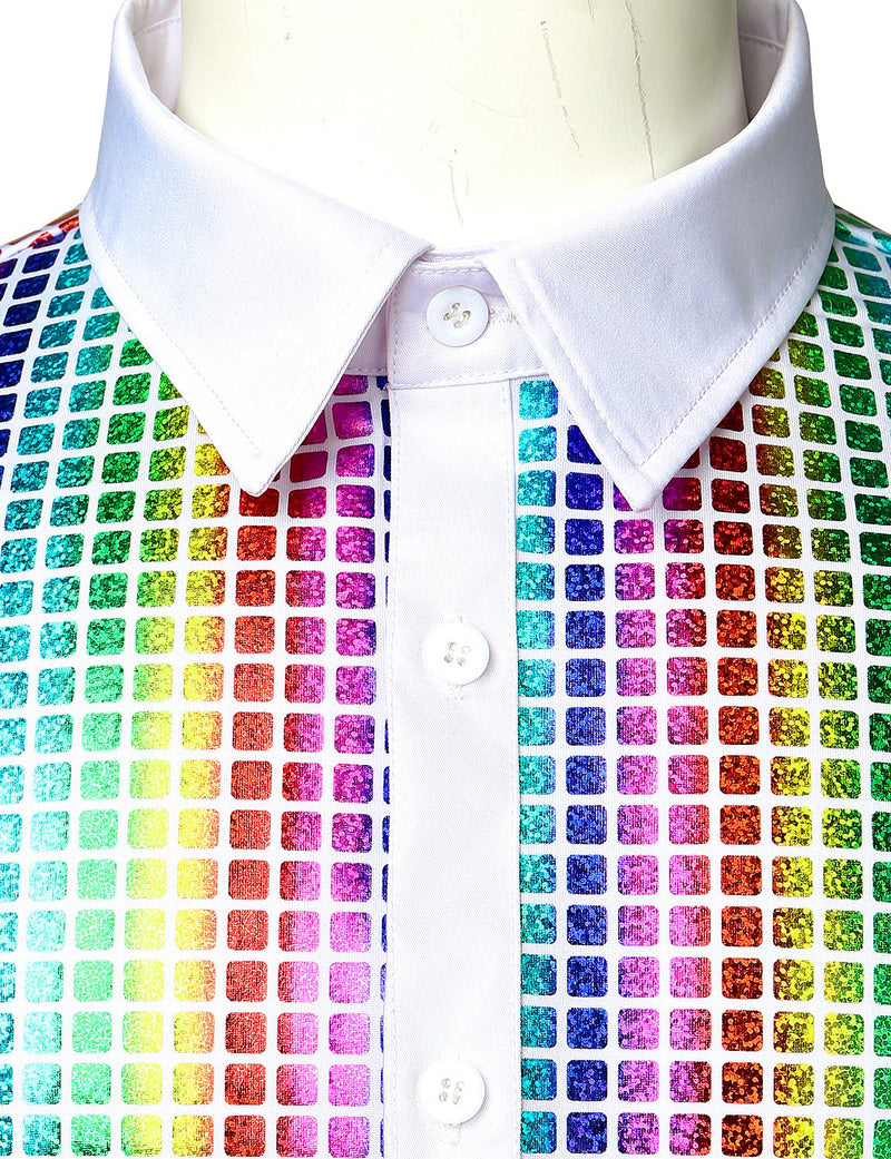Men's Dress Shirt Sequins Button Down Long Sleeve Shirts Disco Party Costume