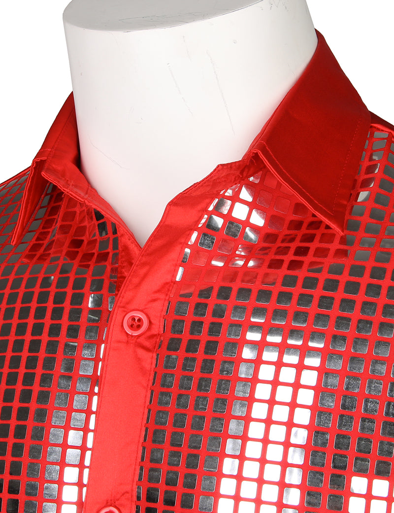 Mens Dress Shirt Silver Sequins Long Sleeve Button Down Disco Shirt Party Costume