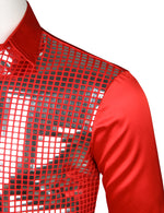 Mens Dress Shirt Silver Sequins Long Sleeve Button Down Disco Shirt Party Costume