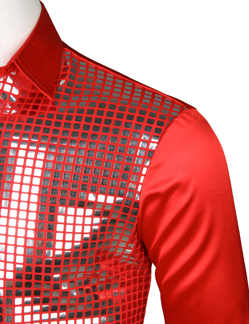 Mens Dress Shirt Silver Sequins Long Sleeve Button Down Disco Shirt Party Costume