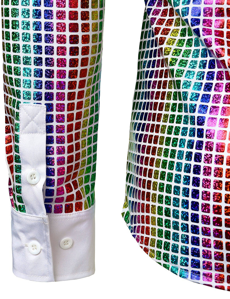 Men's Dress Shirt Sequins Button Down Long Sleeve Shirts Disco Party Costume