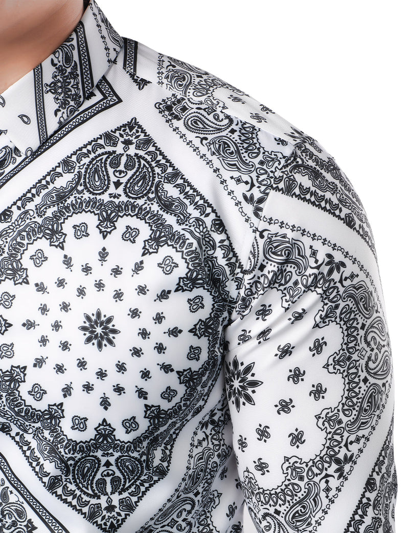 Men's Casual Paisley Print Floral Vintage Long Sleeve Dress Shirt
