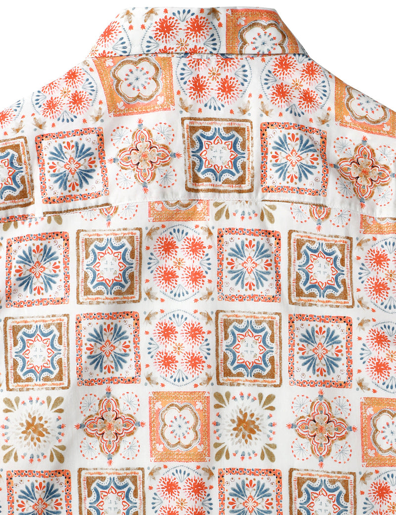 Men's Vintage Patchwork Floral Beige Breathable Boho Cotton Bohemian Short Sleeve Shirt