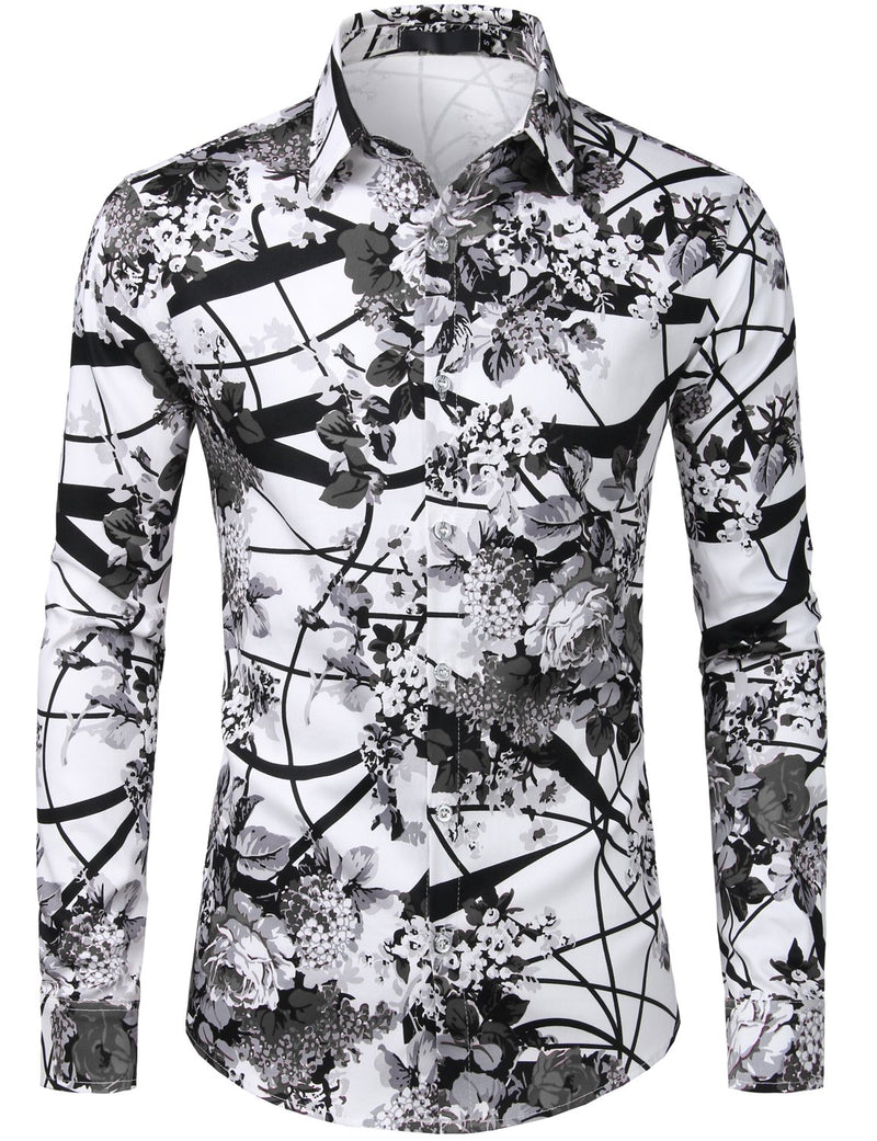 Men's Floral Long Sleeve Cotton Casual Button Down Shirt
