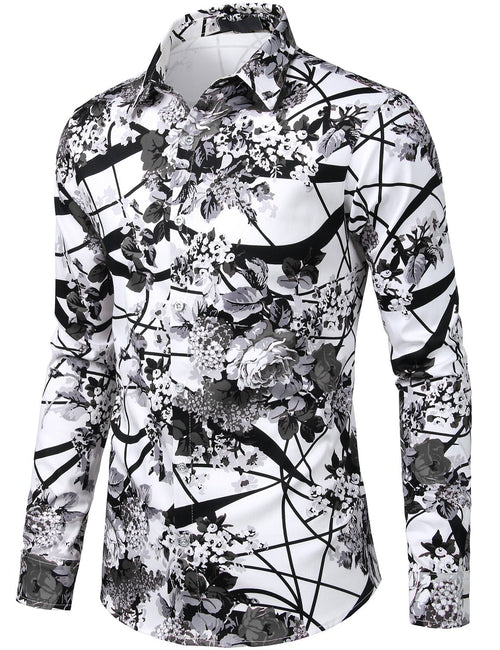 Men's Floral Long Sleeve Cotton Casual Button Down Shirt