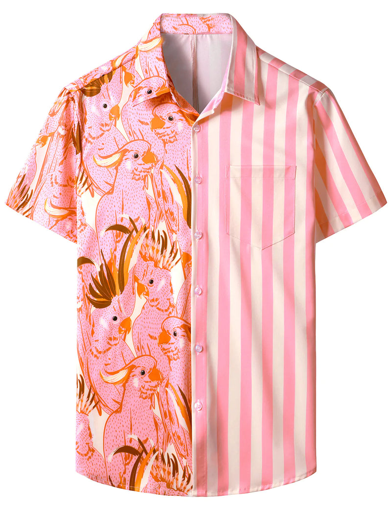 Men's Pink Striped And Parrot Birds Pink Animal Print Top Holiday Short Sleeve Summer Hawaiian Shirt