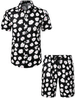 Men's Flower Casual Cotton Button Down Hawaiian Shirts&Shorts