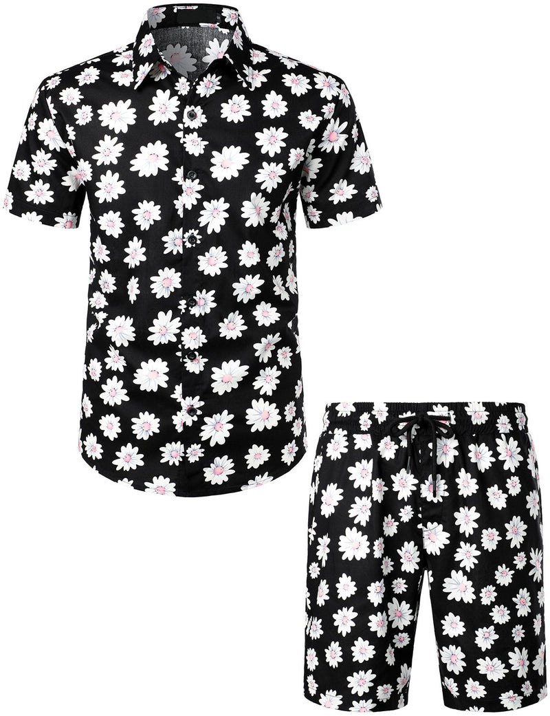 Men's Flower Casual Cotton Button Down Hawaiian Shirts&Shorts