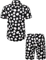 Men's Flower Casual Cotton Button Down Hawaiian Shirts&Shorts