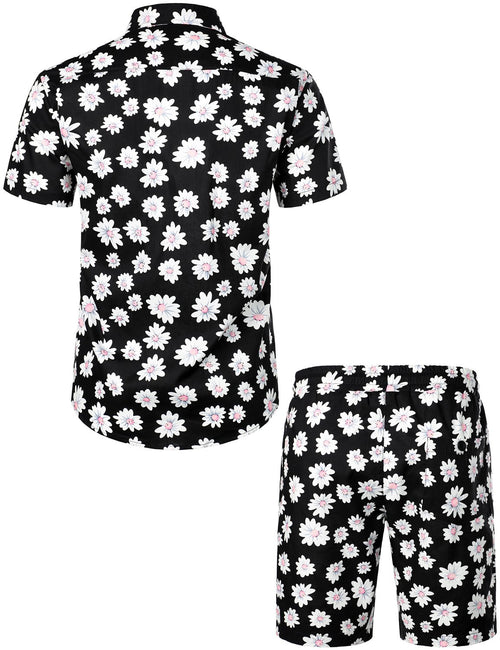 Men's Flower Casual Cotton Button Down Hawaiian Shirts&Shorts