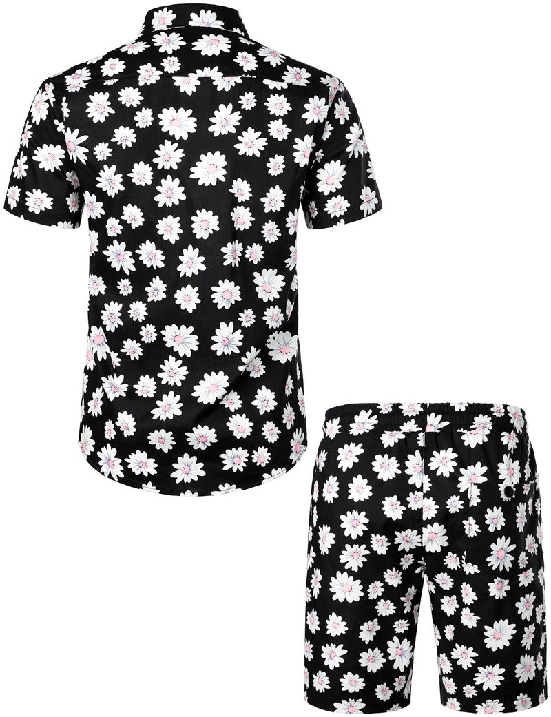 Men's Flower Casual Cotton Button Down Hawaiian Shirts&Shorts