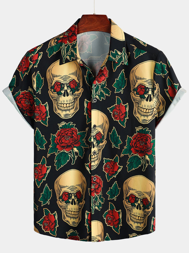 Men's Skull Print Short Sleeve Hawaiian Shirt