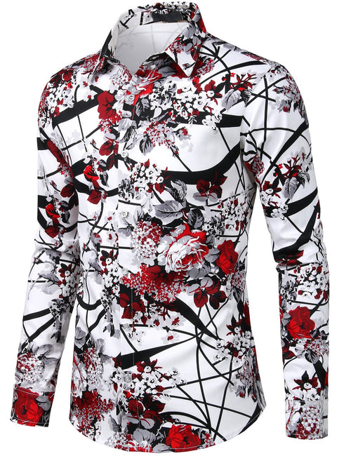 Men's Floral Long Sleeve Cotton Casual Button Down Shirt