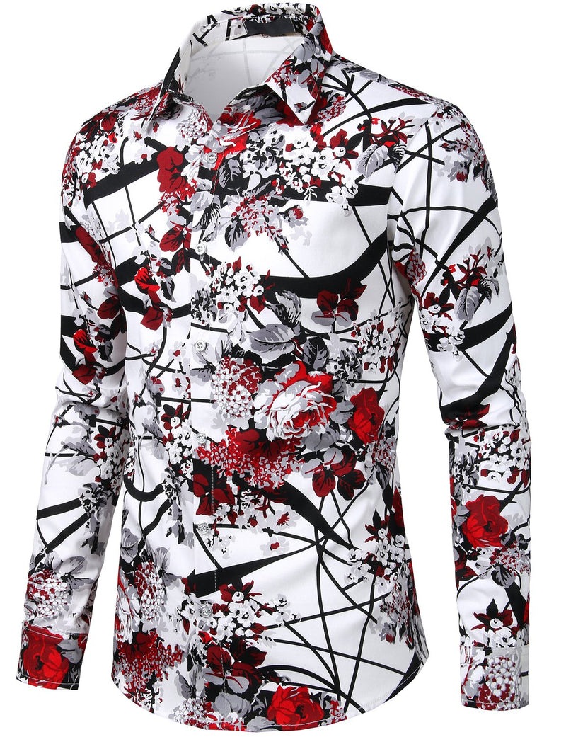 Men's Floral Long Sleeve Cotton Casual Button Down Shirt