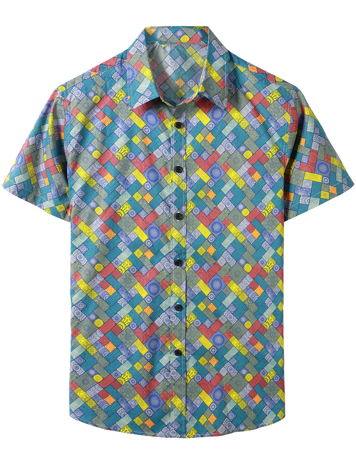 Men's Casual Tribal Print Retro Cotton Summer Button Up Short Sleeve Shirt