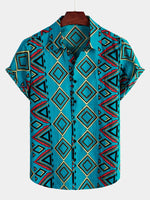 Men's Retro Blue Short Sleeve Cotton Shirt