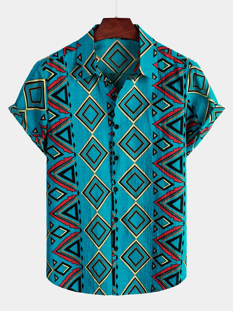 Men's Retro Blue Short Sleeve Cotton Shirt