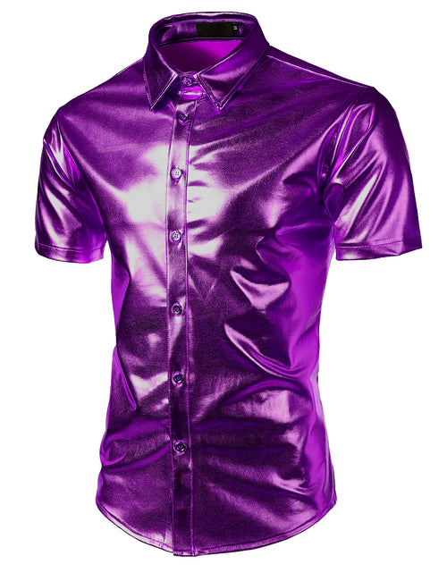 Mens Metallic Shiny Nightclub Styles Short Sleeves Button Down Dress Shirts