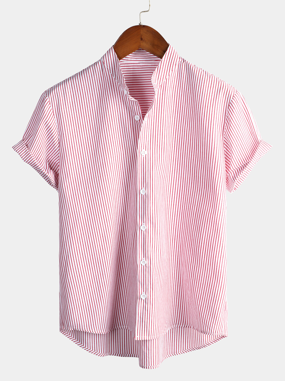 Men's Breathable Cotton Stand Collar Short Sleeve Striped Classic Shirts