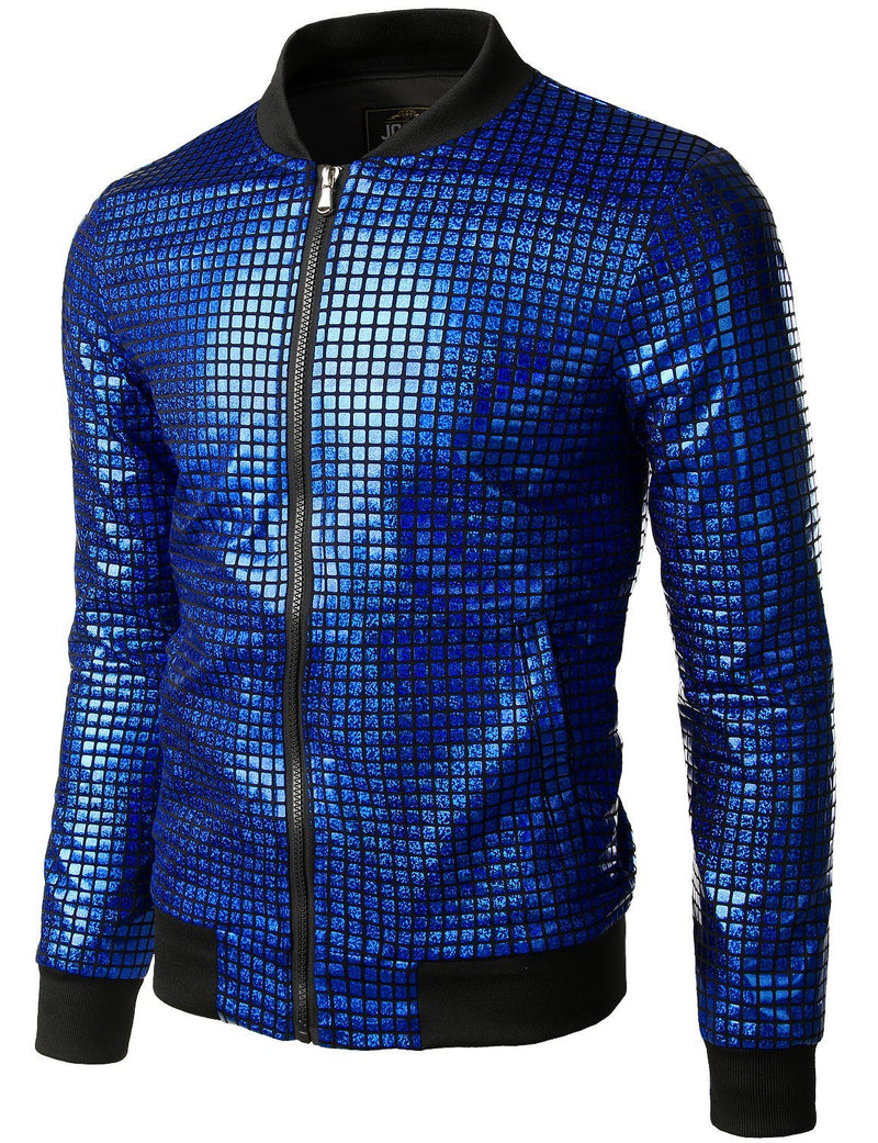 Men's Metallic Sequins Baseball Bomber Jacket Disco Party Costume