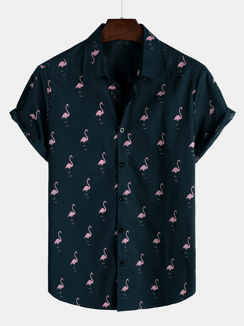 Bundle Of 2 | Men's Pink Flamingo Print Short Sleeve Button Up Shirts